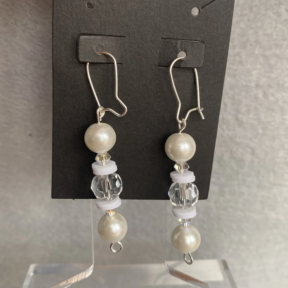 Hand crafted clear, and white faux‎ pearl long dangle earrings